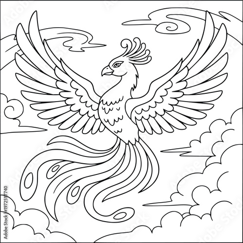 Phoenix flying through the clouds as a line art drawing for coloring pages