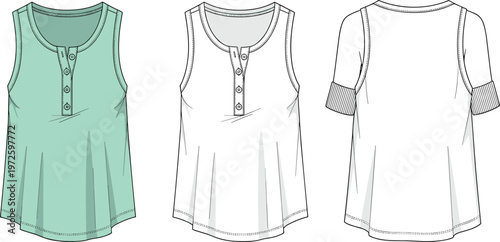 Women sleeveless henley top technical fashion flat sketch front and back view casual summer apparel modern clothing vector template design