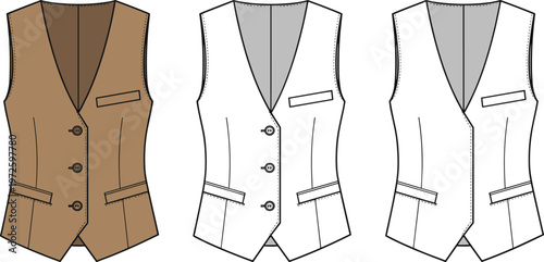 Women tailored vest waistcoat technical fashion flat sketch front and back view sleeveless structured modern apparel vector template design