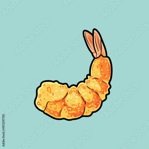 A vibrant vector illustration of a single crispy tempura shrimp with a golden-brown batter and a pink tail, set against a light blue background.