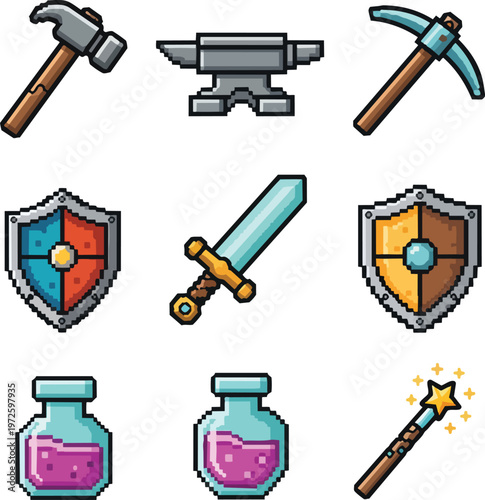 Pixel Art Game Icons Hammer, Sword, Shield, Potion, Wand