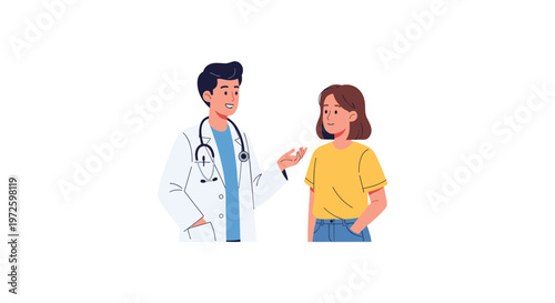 A friendly male doctor wearing a white lab coat and stethoscope engages in a medical consultation with a young female patient wearing a yellow shirt.