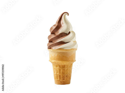 Creamy vanilla and chocolate swirl soft serve in a golden waffle cone isolated transparent background image