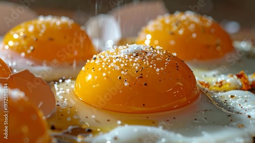 Close-up of fried eggs being seasoned with salt and pepper