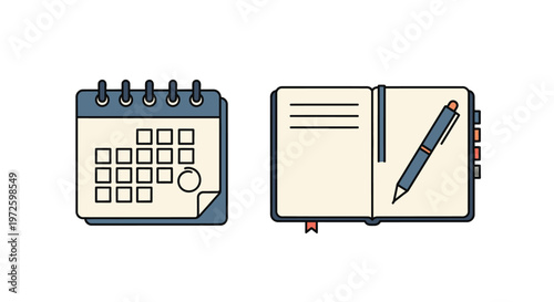 Calendar and Notebook with Pencil.