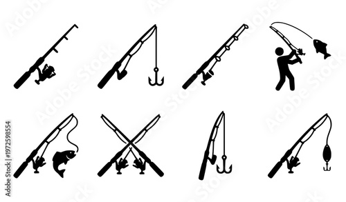 Fishing rod icon vector set with reel hook and fish symbols for outdoor logo and sport design