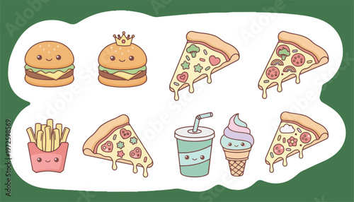 Cute kawaii food illustration set with burgers pizza fries and drinks