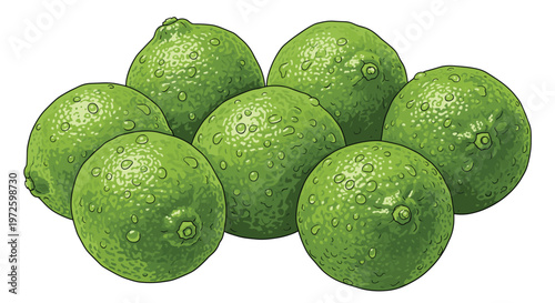 A cluster of seven fresh vibrant green limes featuring realistic water droplets on their textured citrus skin is arranged together against a white background.