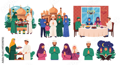 Illustrations of Muslim families celebrating religious holidays with festive meals and gatherings