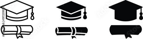 Graduation cap and diploma in outline and solid black styles mortarboard academic cap tassel