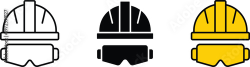 Three safety helmets and goggles in outline solid and color hard hat protective eyewear construction