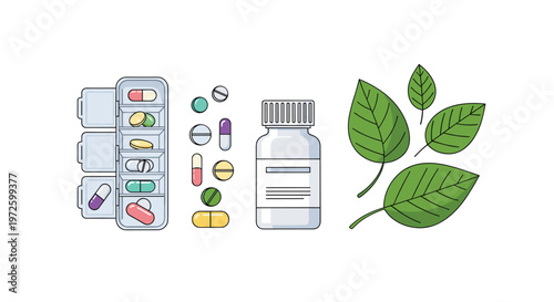A comprehensive collection of medical items including a pill organizer, various loose capsules, a white medicine bottle, and four fresh green leaves.