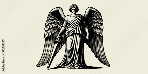 Vintage engraving depicting a winged female figure with a sword
