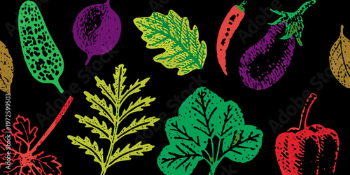 Colorful sketch of various vegetables and leafy greens on black