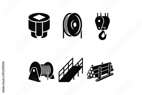 Industrial construction and manufacturing black flat icon set - Crane hook cable spool and metal pipes vector icon collection