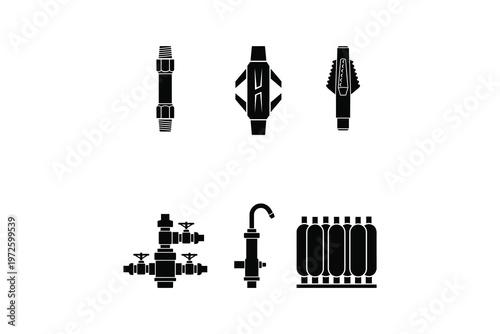 Oil and Gas Equipment Icons Set Industrial Petroleum Tools Vector Artwork