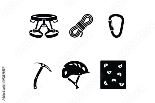 Rock climbing and mountaineering equipment black and white icon collection
