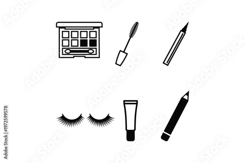 Makeup Artist Equipment Silhouette Icon Pack Eyelashes Mascara and Eye Shadow Vector Artwork