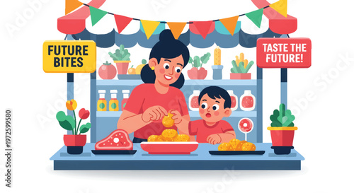 Family enjoying food at a futuristic market stall