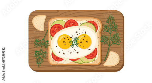 A gourmet open-faced sandwich served on a dark wooden board features two fried eggs garnished with black pepper tomato slices cucumber and fresh dill.