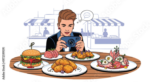 man sitting eating food at table with various dishes