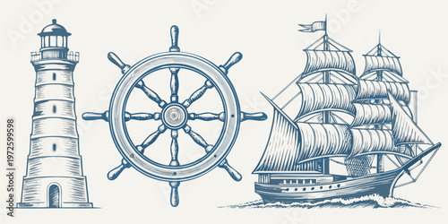 Nautical illustration featuring a lighthouse ship s wheel and a sailing ship