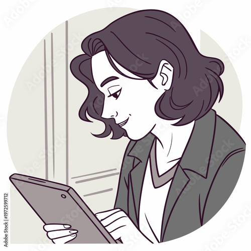Portrait of a brunette using a touchpad

