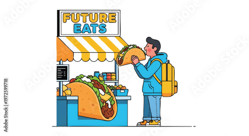 Man eating giant taco at food truck Future Eats
