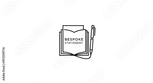 Minimalist line art logo of an open book with pen, bespoke stationery