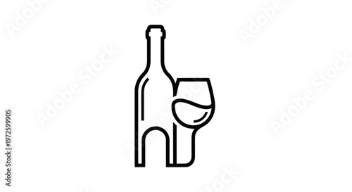 Minimalist line art of a wine bottle and glass, representing beverage and celebration