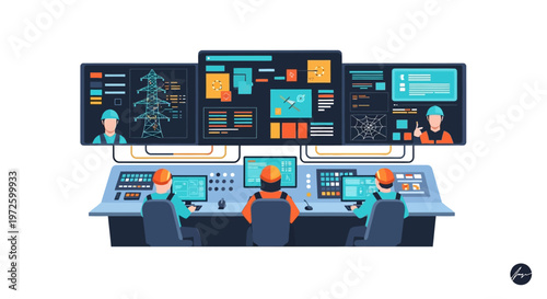 Control room with multiple screens displaying data and engineers monitoring operations.