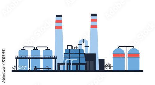 Illustration of a modern industrial complex with tall smokestacks, storage tanks, and various factory buildings under a clear sky.