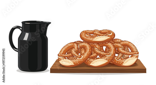 Five perfectly baked salted pretzels are stacked neatly on a rustic wooden board positioned next to a glossy black ceramic pitcher on a white surface.