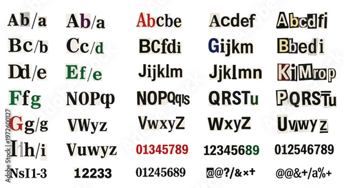 Varied typography examples showcasing different letterforms, numbers, and symbols. Explore font styles for creative visual communication and graphic design projects