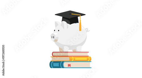 A clean white piggy bank wearing a black graduation cap with a golden tassel stands proudly on a colorful stack of textbooks against a white backdrop.