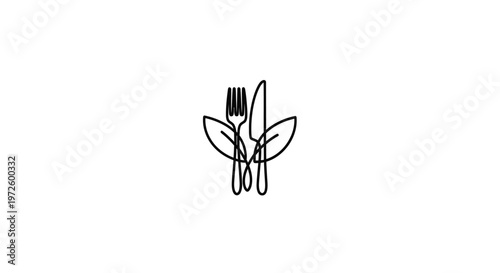 Minimalist line art of fork, knife, and leaves, representing healthy food and veganism.