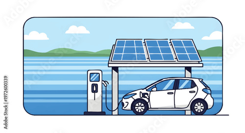 Electric car charging at solar powered station by water