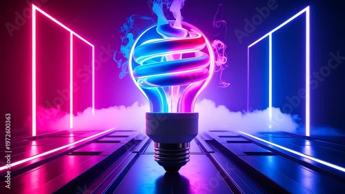A glowing, swirled bulb illuminates a futuristic setting. Neon lighting