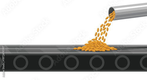 A stream of golden grain kernels pours steadily from a silver metal pipe onto a dark grey industrial conveyor belt against a clean white background.