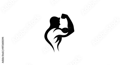 Silhouette of a muscular man flexing bicep, fitness symbol, isolated on white background