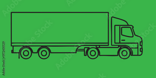 Simple black line drawing of a large semi-trailer truck isolated on a solid green background
