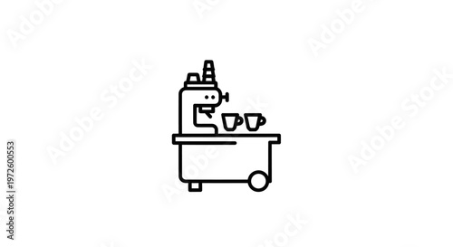 Minimalist line art icon of a coffee machine with cups on a trolley, simple design.