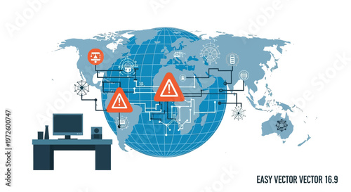 Global cyber security threats and network vulnerabilities illustrated with warning signs on a world map connected to a computer.
