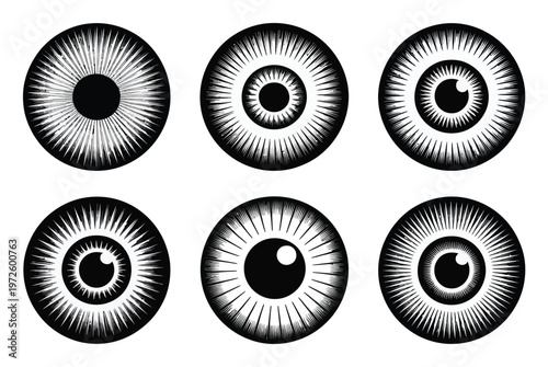 Six Stylized Black and White Eye with Radial Patterns