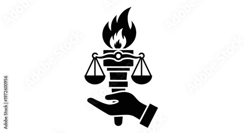 A hand holding justice scales with flame.