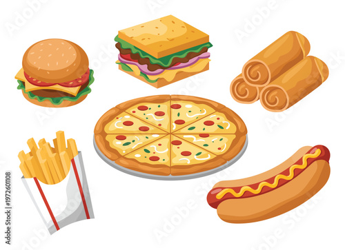 A Delicious Assortment of Fast Food Favorites: Pizza, Burger, Fries, Hot Dog, Sandwich, and Spring Rolls