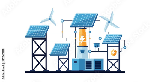 Illustration of a renewable energy system with solar panels, wind turbines, and battery storage, showcasing sustainable power generation and distribution.