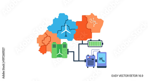 Illustration of a renewable energy system integrating wind power, battery storage, and hydrogen production.