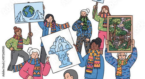 Diverse group of people holding environmental protest signs and pictures