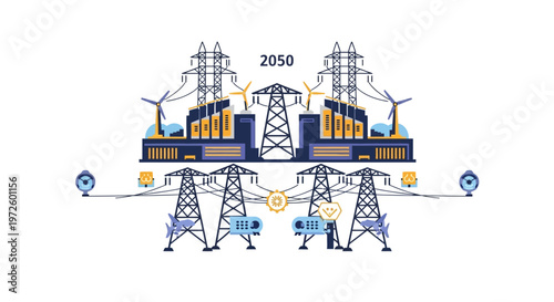 Illustration of a futuristic energy grid in 2050, showcasing a blend of renewable and traditional power generation with advanced transmission infrastructure.